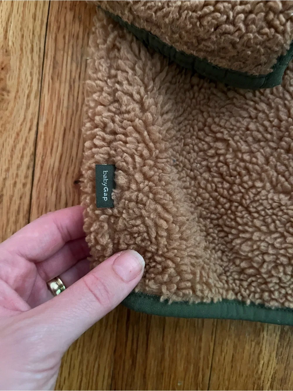 GAP Baby Sherpa Jacket in Camel with Olive Accents 12-18 months